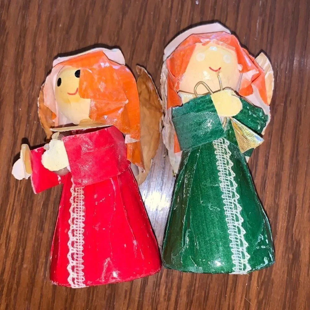‎Two Vtg paper angel Christmas tree ornaments